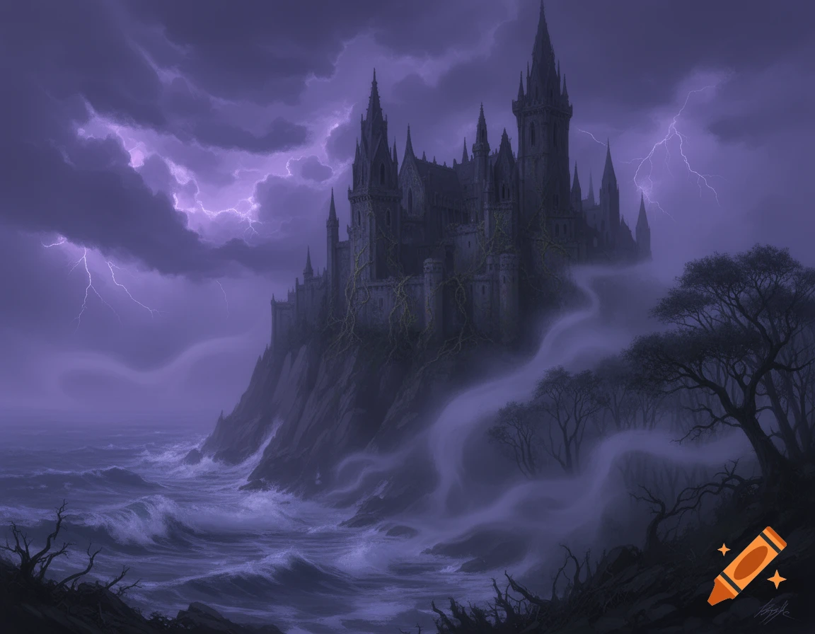 Dark gothic castle on a rocky cliff overlooking a stormy sea with crashing waves under a lightning-filled purple sky, with misty woods.