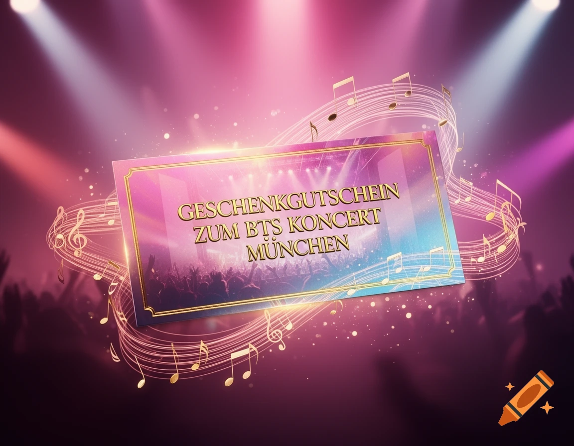 A vibrant gift voucher for a BTS concert in Munich, surrounded by musical notes and spotlights, with a blurred concert crowd in the background.