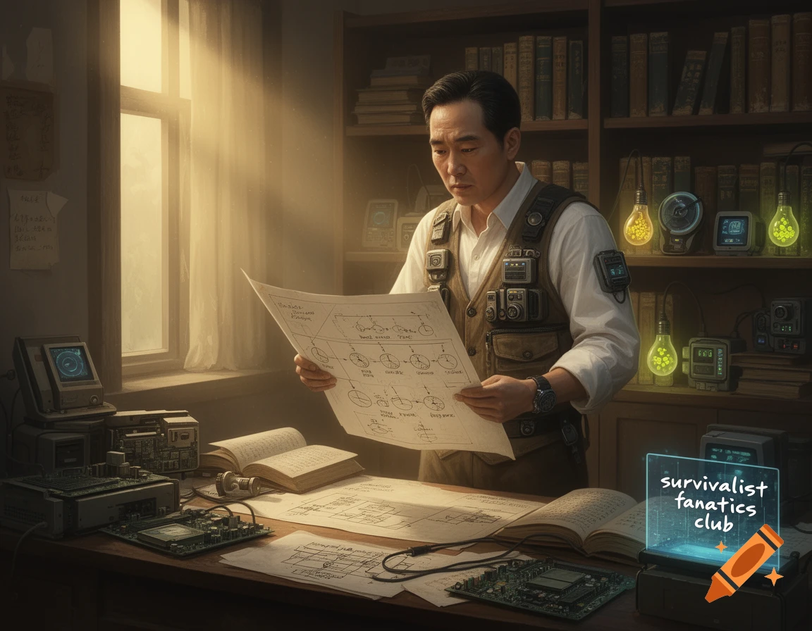 A man in a tactical vest reviews blueprints at a desk filled with retro-futuristic electronics, under a window with sunbeams.