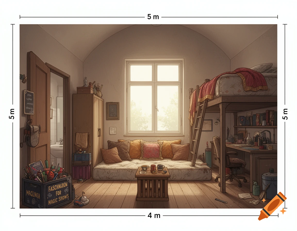 A detailed drawing of a cozy, messy student room with a loft bed, desk, window, and a box of magic show supplies.