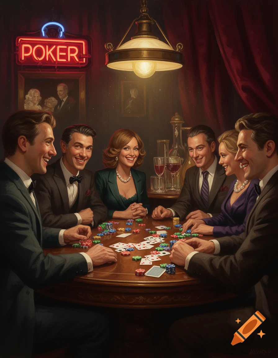 An oil painting of six well-dressed people smiling and playing poker around a wooden table under a lamp, with a neon 'POKER' sign.