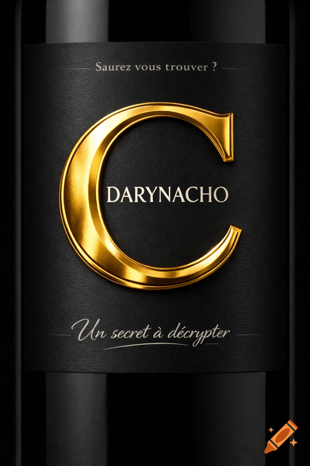 Close-up of a modern dark wine label featuring a large golden embossed letter 'C' and the text 'DARYNACHO', 'Saurez vous trouver ?', and 'Un secret ascript de ascript crypter'.