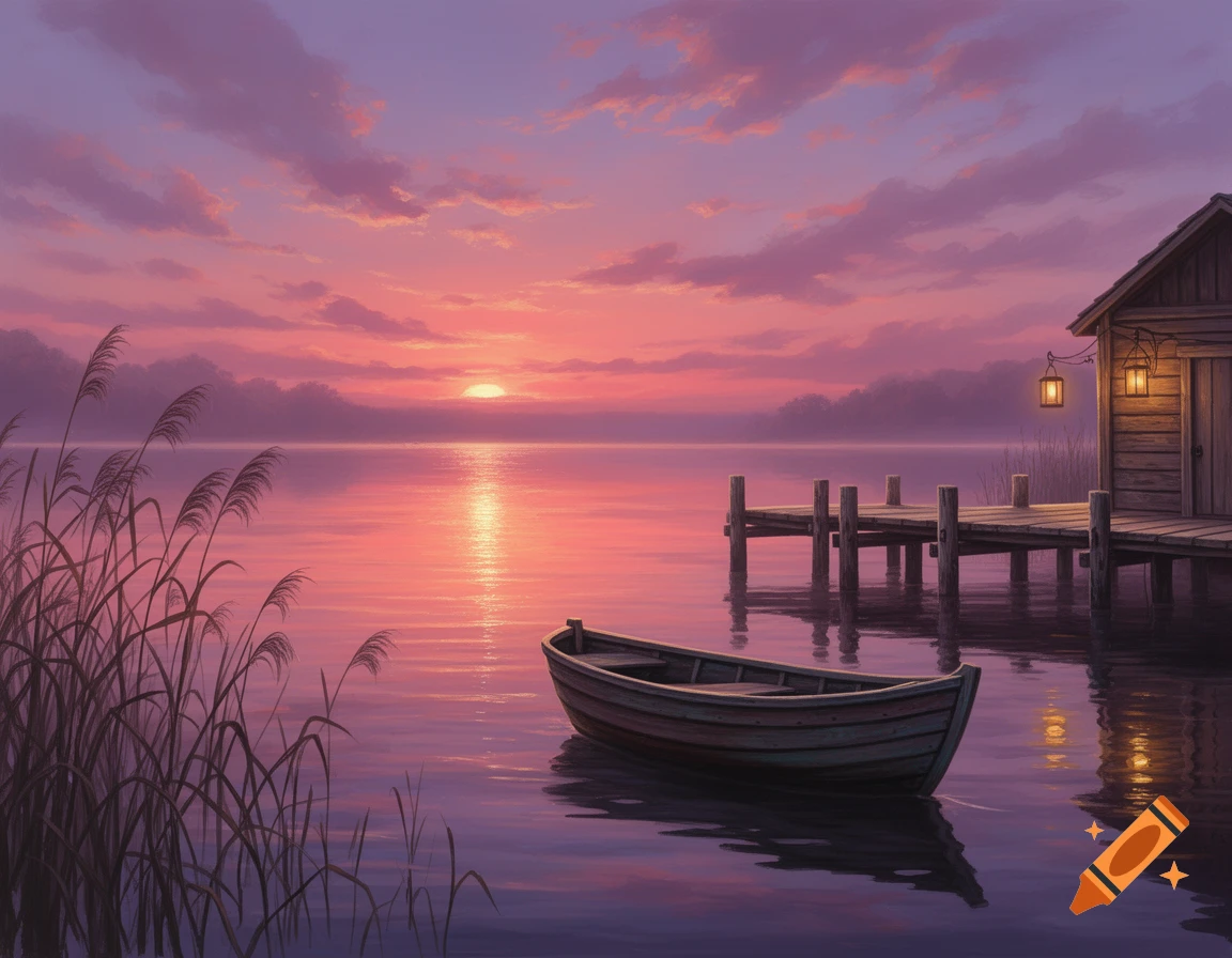 A serene sunset casts pink and purple hues over a calm lake with a small wooden boat by a dock and a rustic cabin.