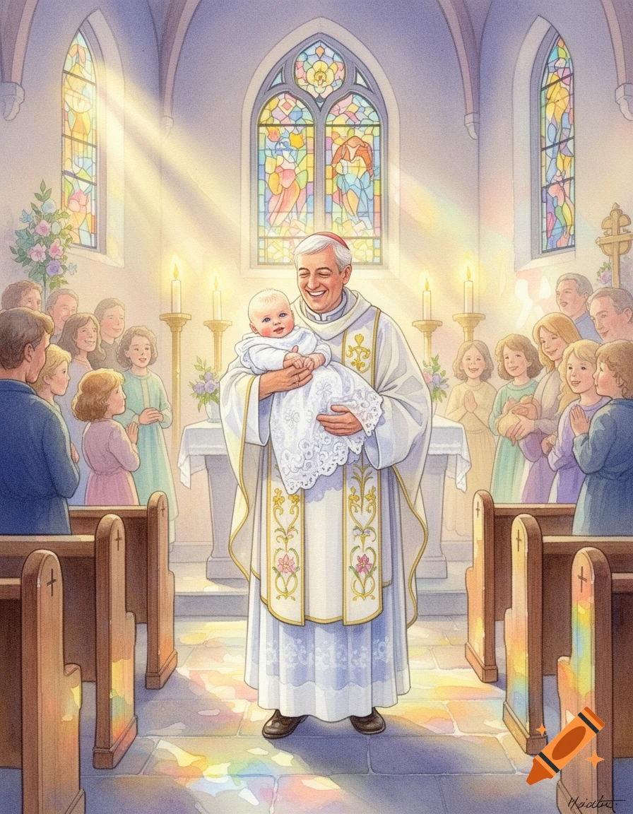 A watercolor illustration of a priest holding a baby during a baptism ceremony in a sunlit church, with stained glass windows and parishioners.