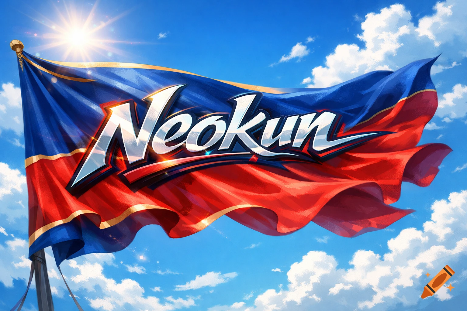 A blue and red flag with a golden stripe waves under a sunny sky, displaying the white stylized text 'Neokun'.