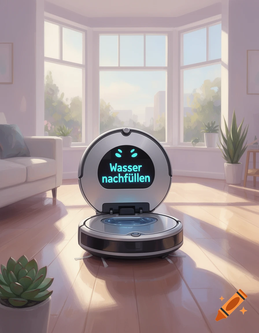 Robot vacuum with 'Wasser nachf Gallen' on its screen, lid open, on a wooden floor in a bright room with windows and plants.