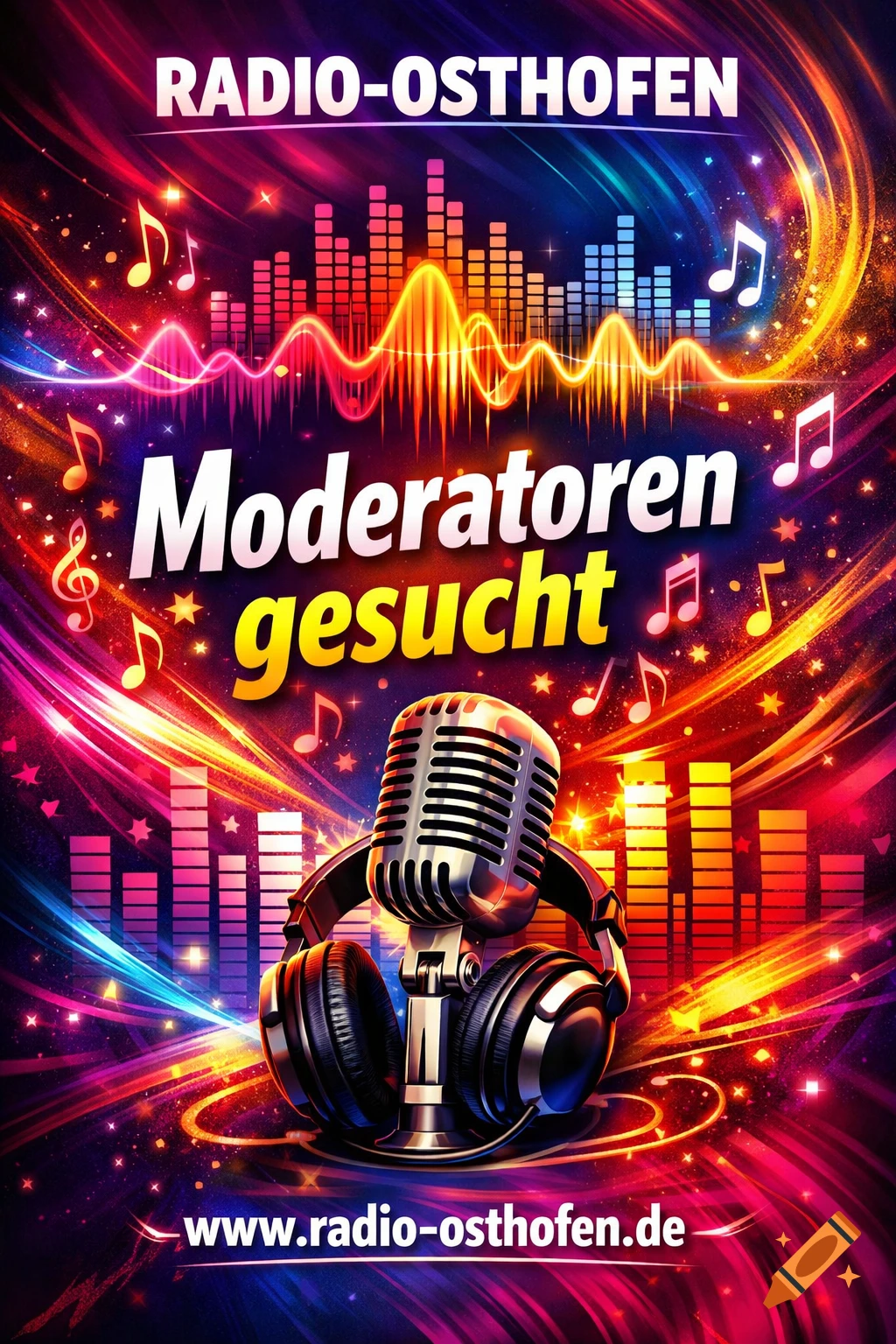 Vibrant radio advertisement poster with a microphone, headphones, musical notes, and sound waves, text 'Radio-Osthofen', 'Moderatoren gesucht', 'www.radio-osthofen.de'.