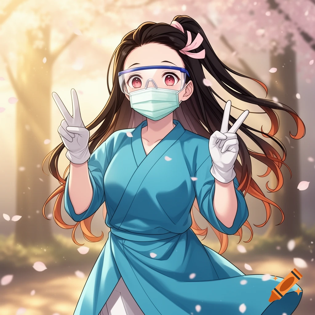 Anime character Nezuko, wearing a surgical mask, safety glasses, medical gloves, and a blue gown, makes peace signs in a cherry blossom setting.