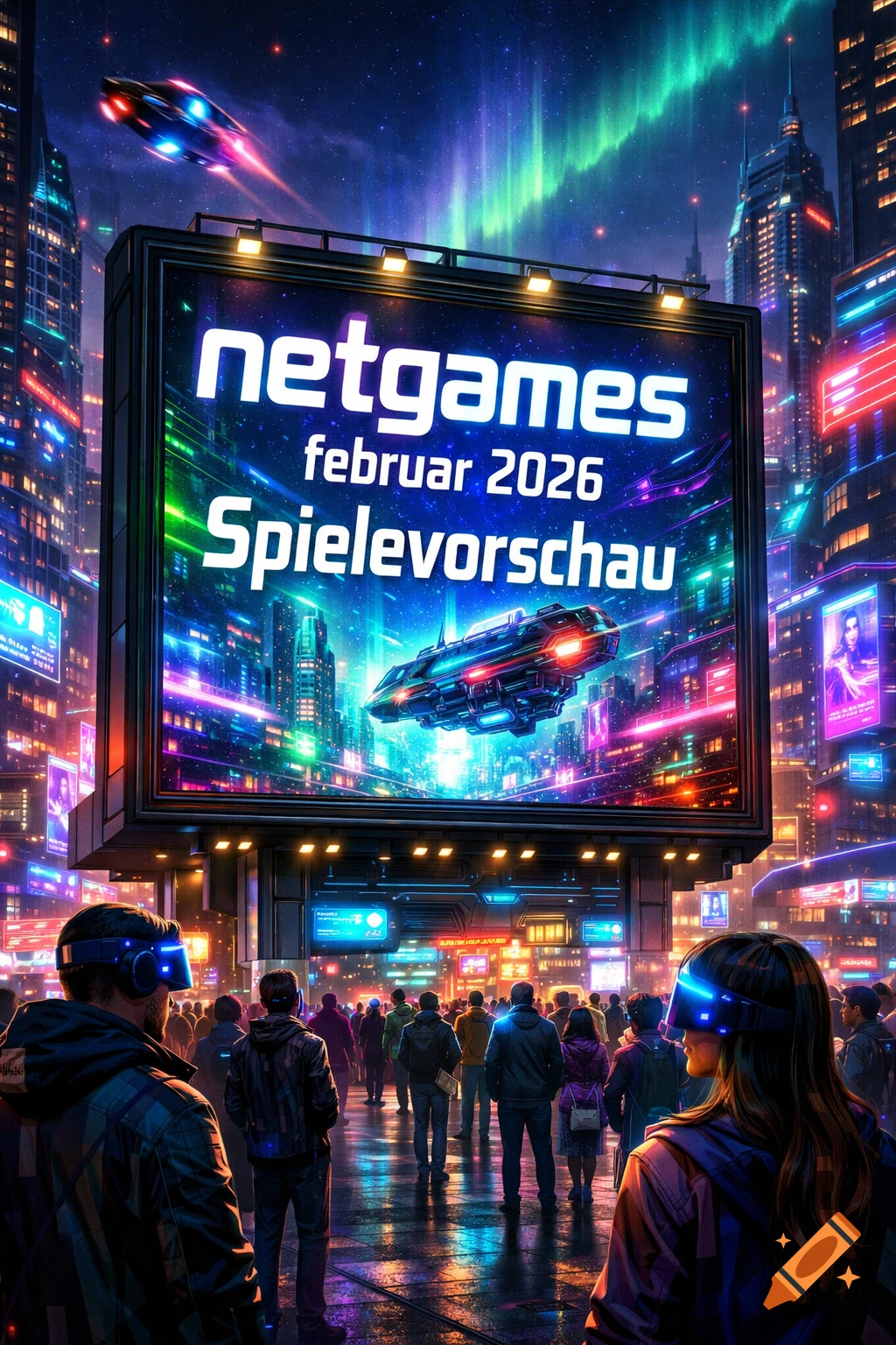 A cyberpunk city at night with neon lights, an aurora, and people looking at a billboard advertising a netgames preview with a spaceship.