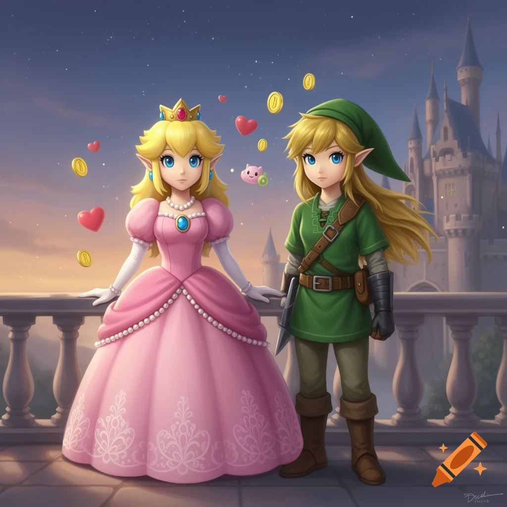 Princess Peach in a pink dress and Link in a green tunic stand on a ...