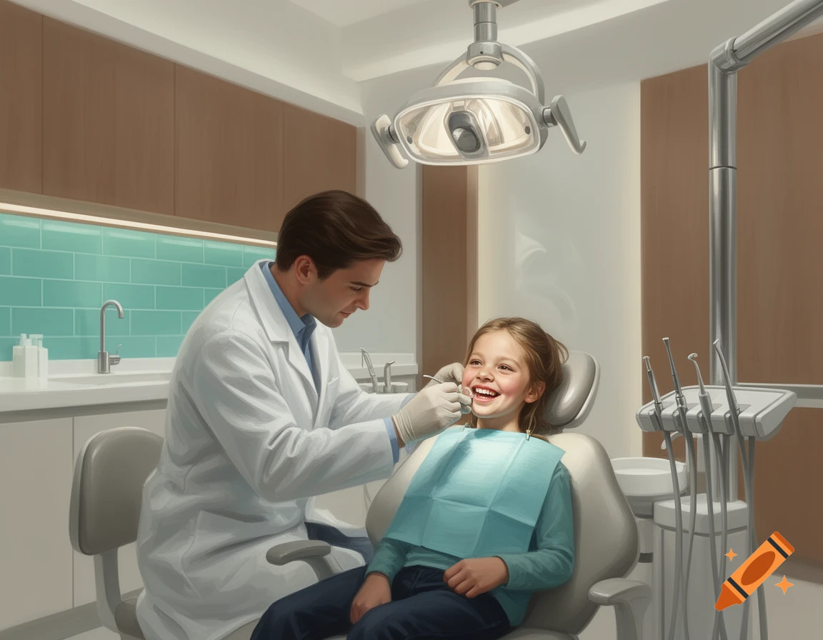 A male dentist in a white coat examines a smiling young girl's teeth in a modern dental office.