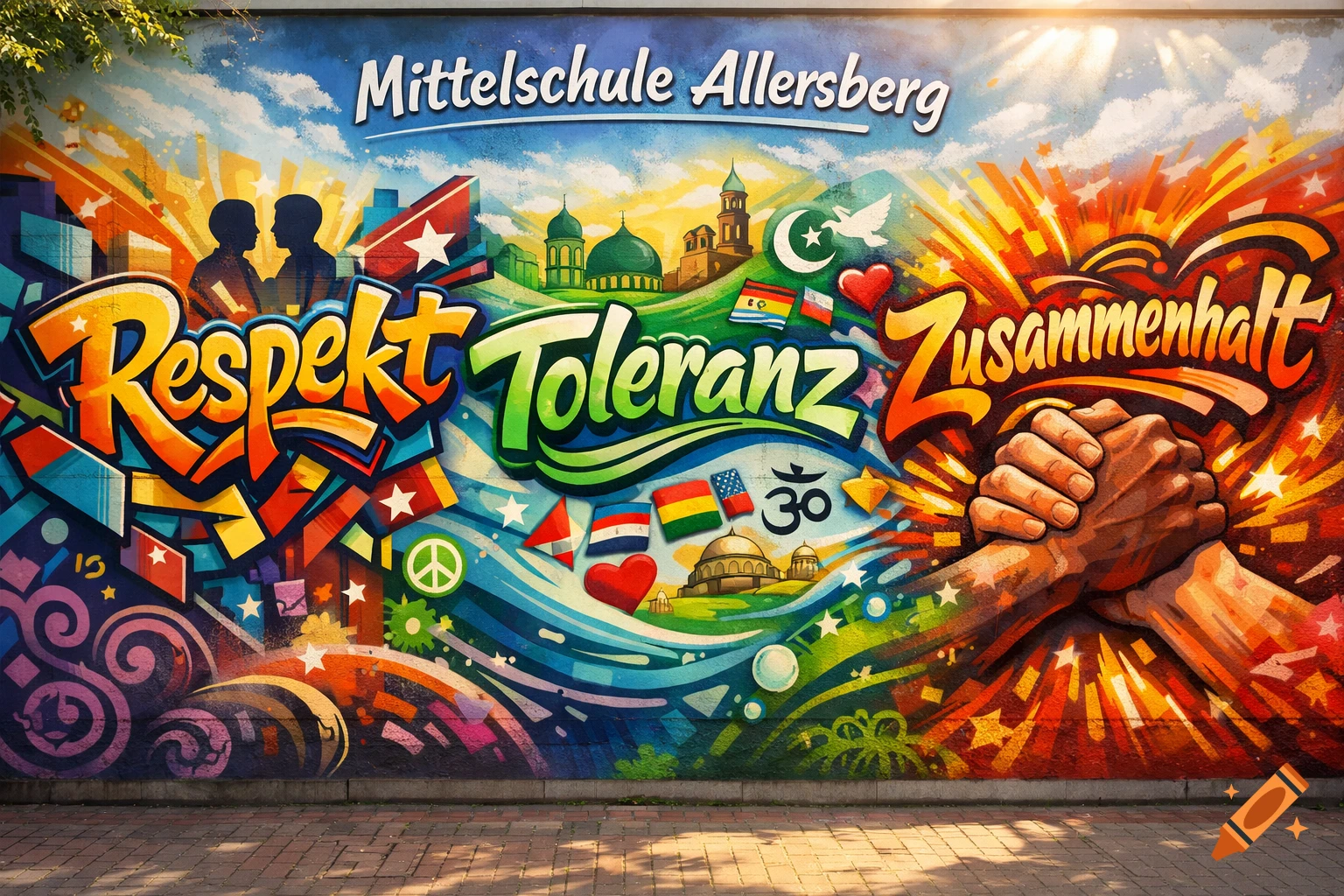 A vibrant graffiti mural on a school wall depicting words "Respekt", "Toleranz", "Zusammenhalt", diverse symbols, and clasped hands under "Mittelschule Allersberg".