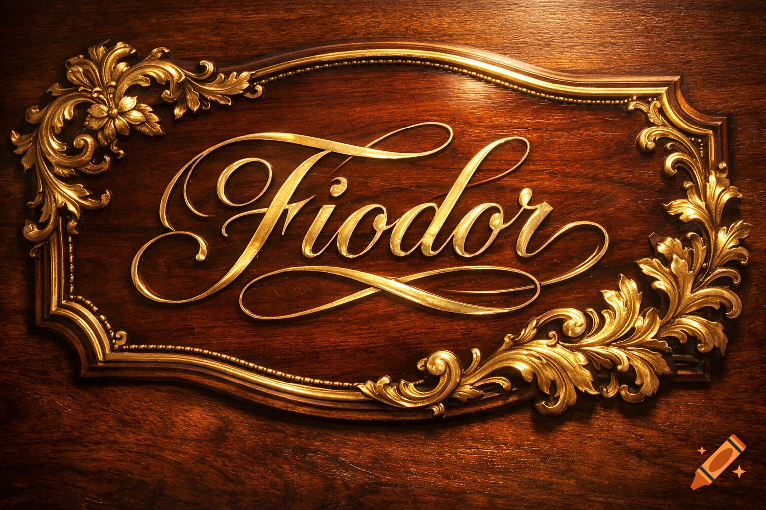 Ornate golden nameplate with 'Fiodor' in elegant script on a rich dark wooden background.