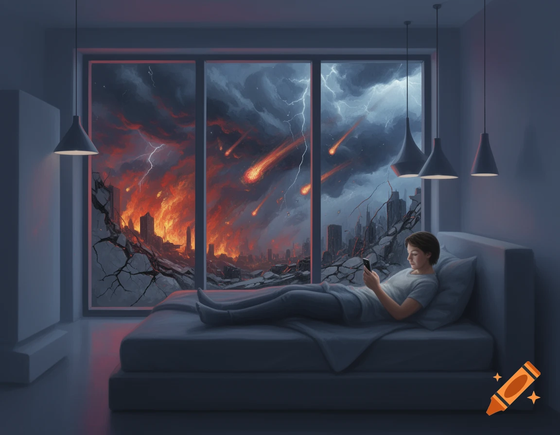 A person lies on a bed looking at a phone while a catastrophic scene with fires, lightning, and meteors unfolds outside a large window.