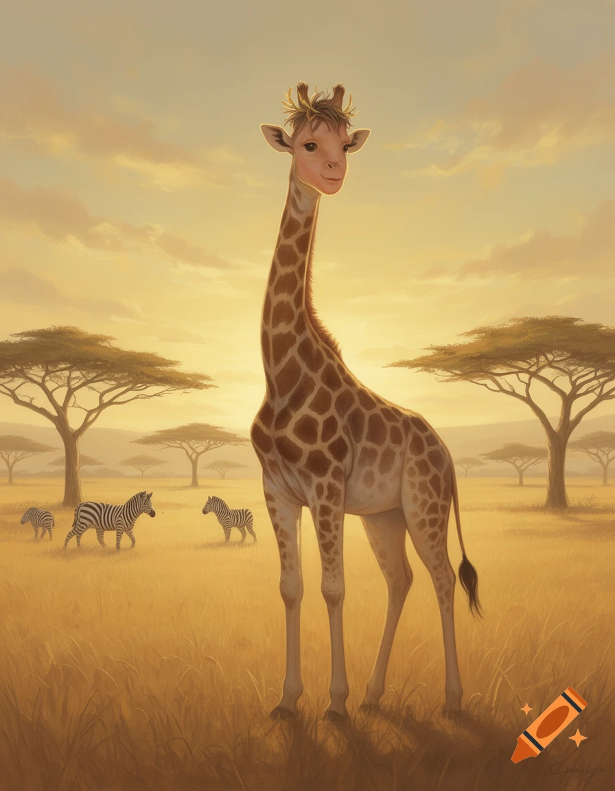 A surreal giraffe with a human-like face stands in a golden savanna with acacia trees and zebras under a warm sky.