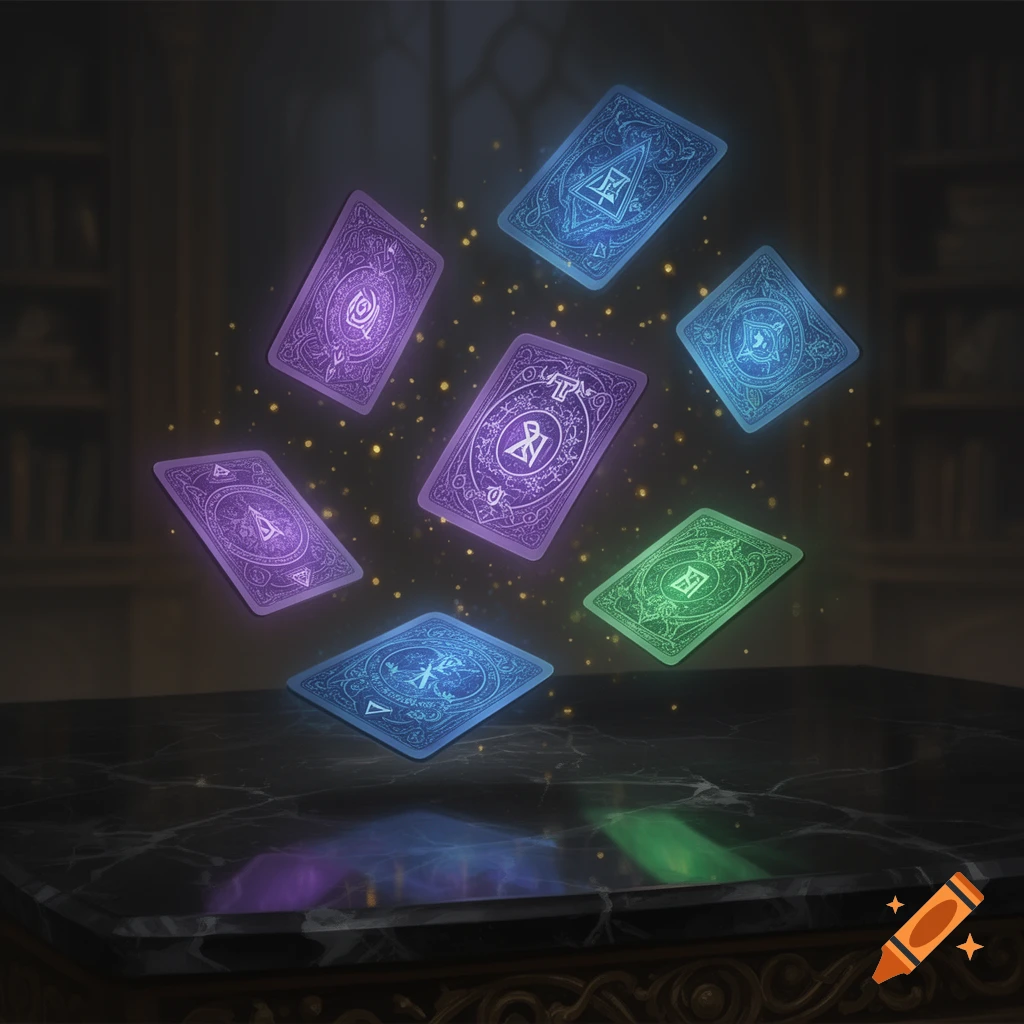 Glowing magical cards float above a dark, marbled table in a dimly lit room with bookshelves.