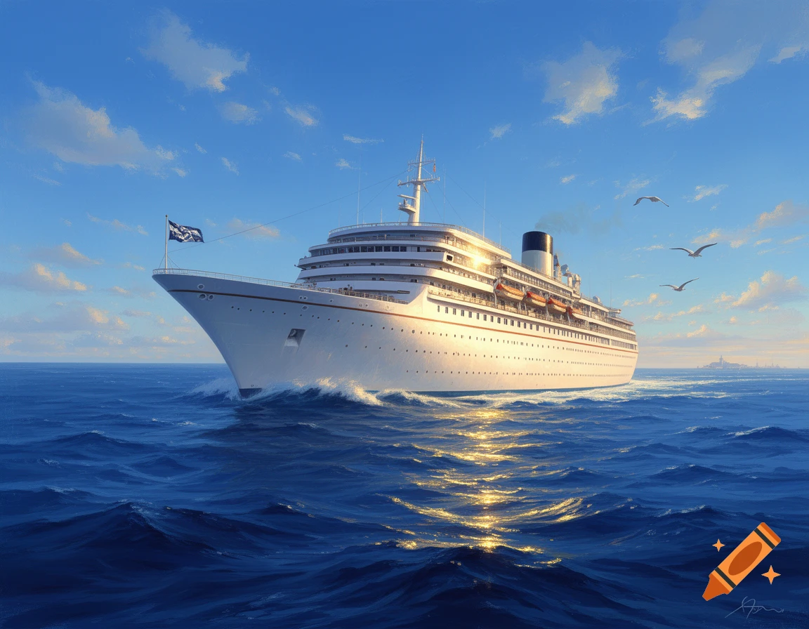 A white cruise ship sails through blue ocean waves under a bright, partly cloudy sky, with seagulls flying nearby.