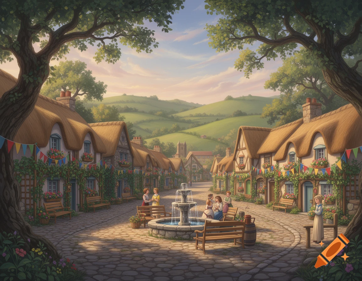 Painterly scene of an idyllic village street with thatched-roof cottages, a central fountain, people, and green hills.