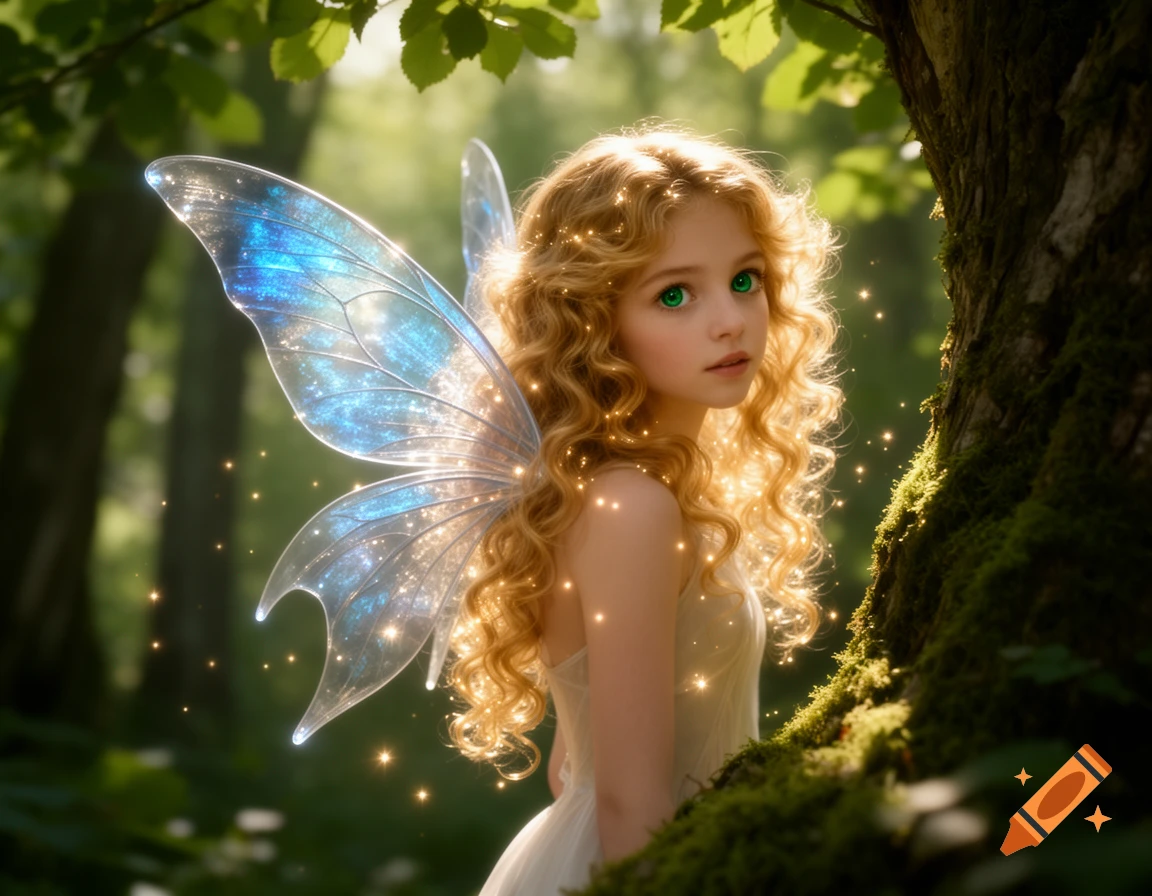 A young fairy with blonde curly hair, green eyes, and glowing blue wings peeks from behind a mossy tree in a sunlit forest.