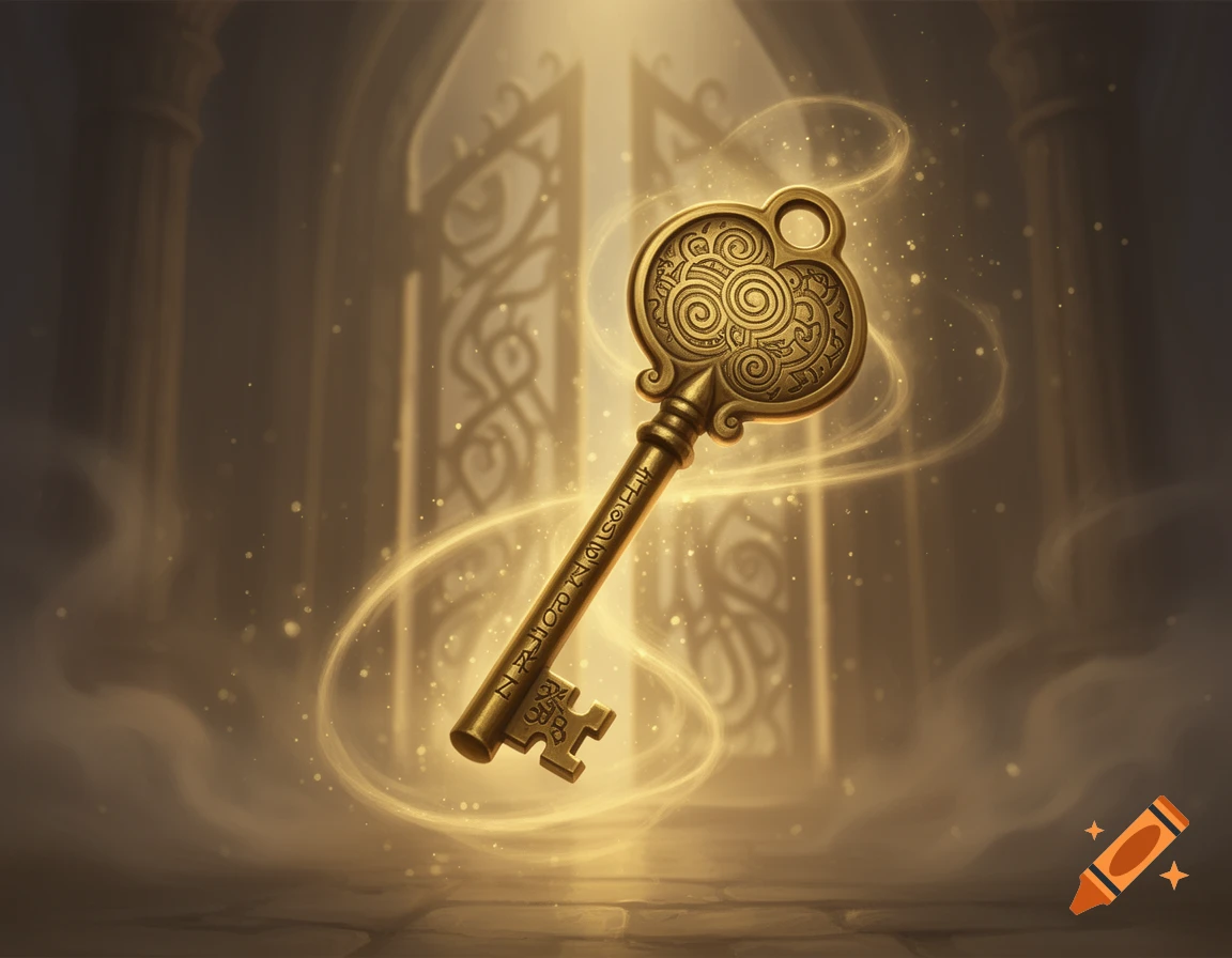 An ornate golden key with intricate designs floats amidst glowing particles in an ethereal chamber with an arched doorway.