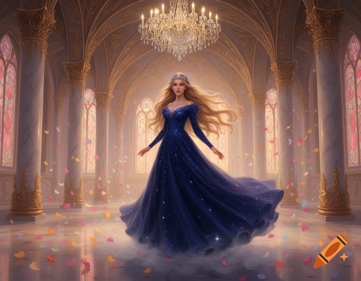 A blonde princess in a glittering blue gown stands in a grand, ornate ballroom with stained glass windows and falling petals.