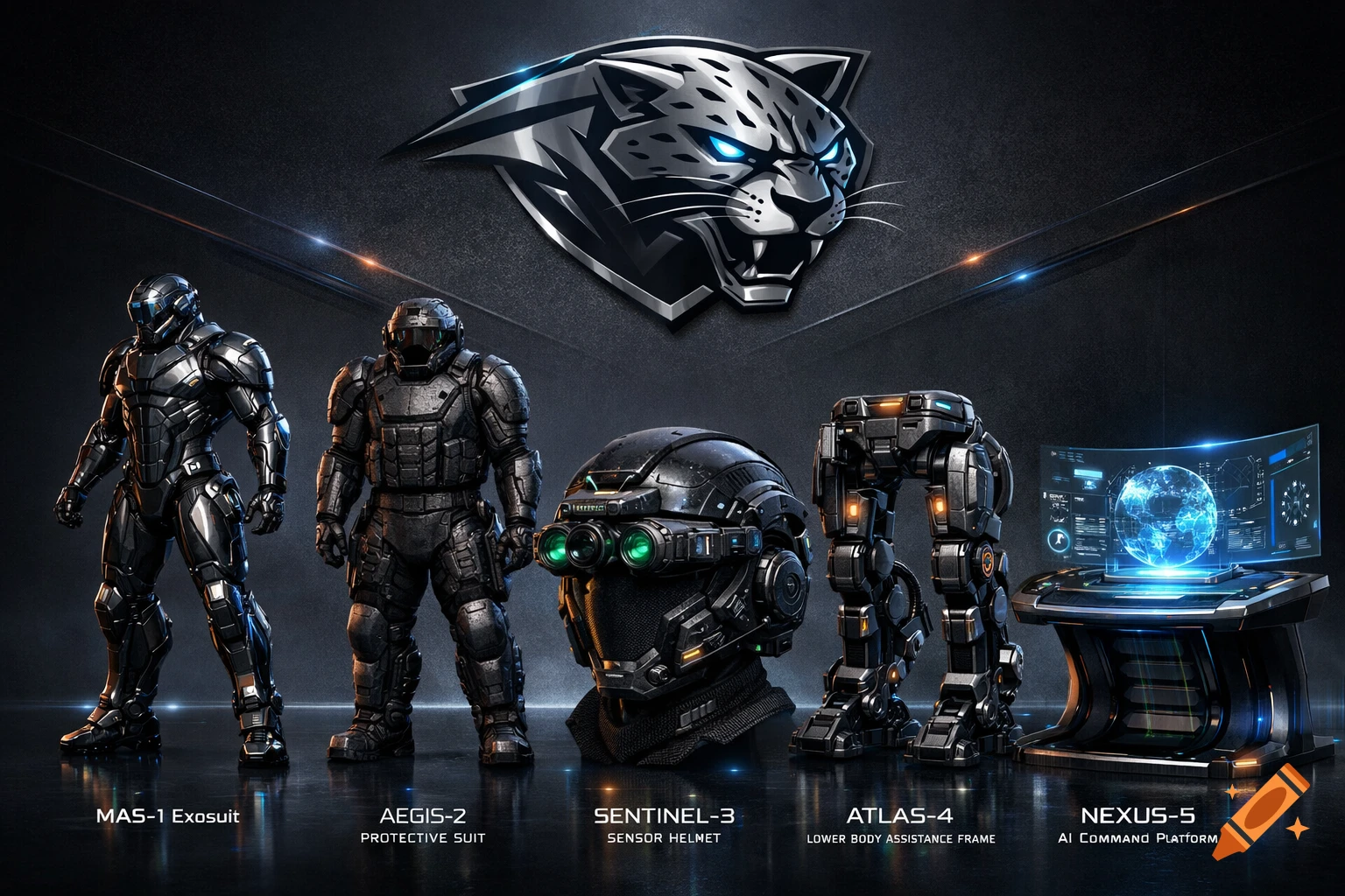 A metallic jaguar logo above five futuristic high-tech security products: an exosuit, protective suit, sensor helmet, assistance frame, and AI platform.