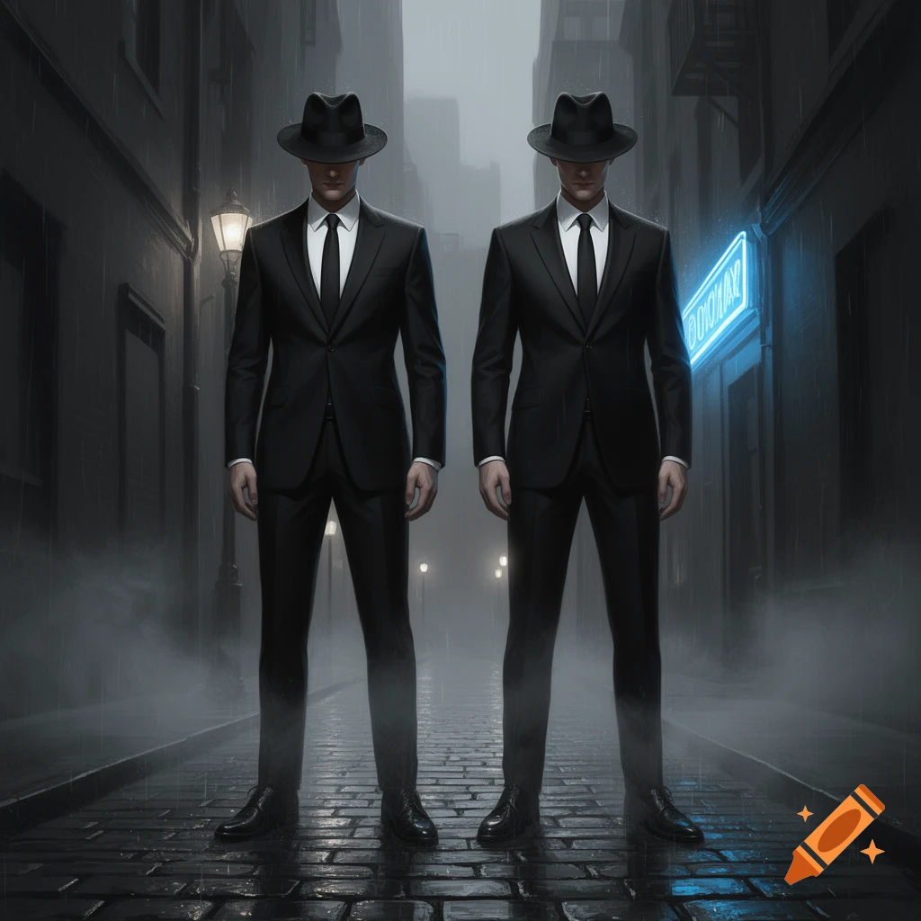 Two men in black suits and fedoras stand side-by-side in a dark, rainy city alley with a glowing neon sign.