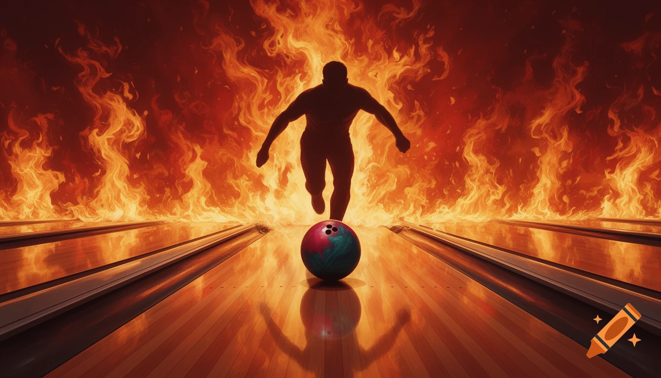 Silhouette of a bowler on a lane, preparing to roll a ball, against a backdrop of intense flames.