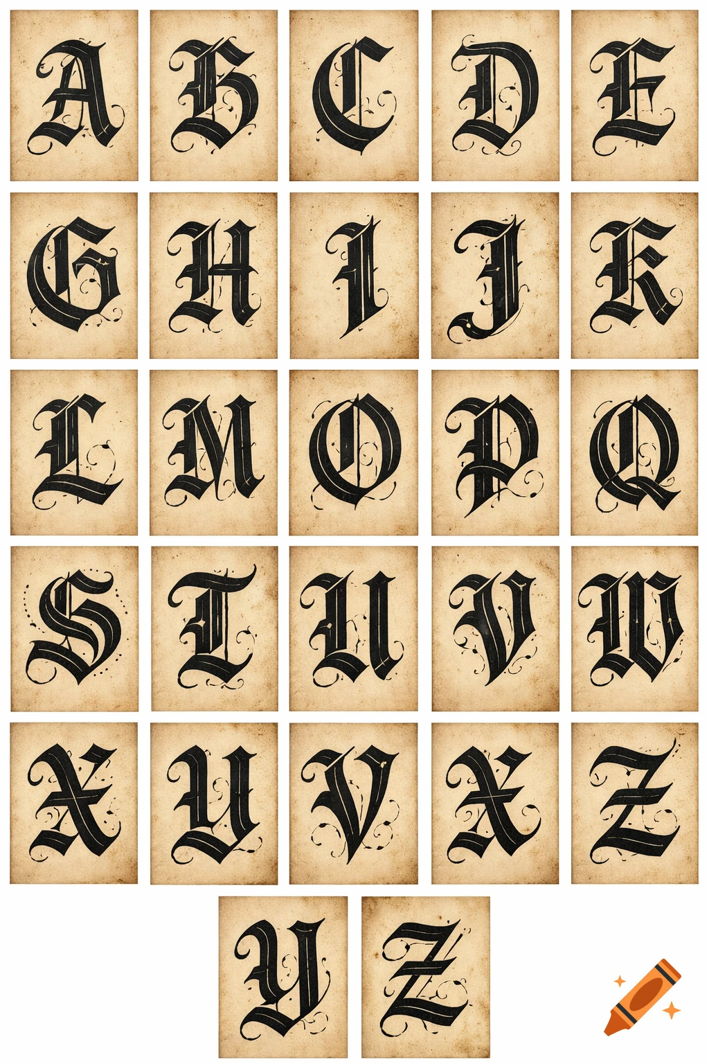 All 26 capital letters of the alphabet in black Gothic script, each on a square of aged parchment.