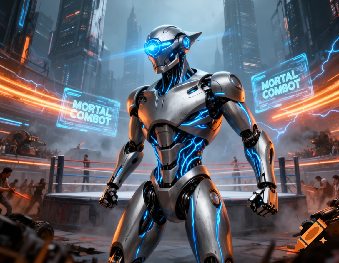 A tall, silver futuristic robot with glowing blue lines and eyes stands in a high-tech arena with 'MORTAL COMBOT' signs and a cyberpunk city background.