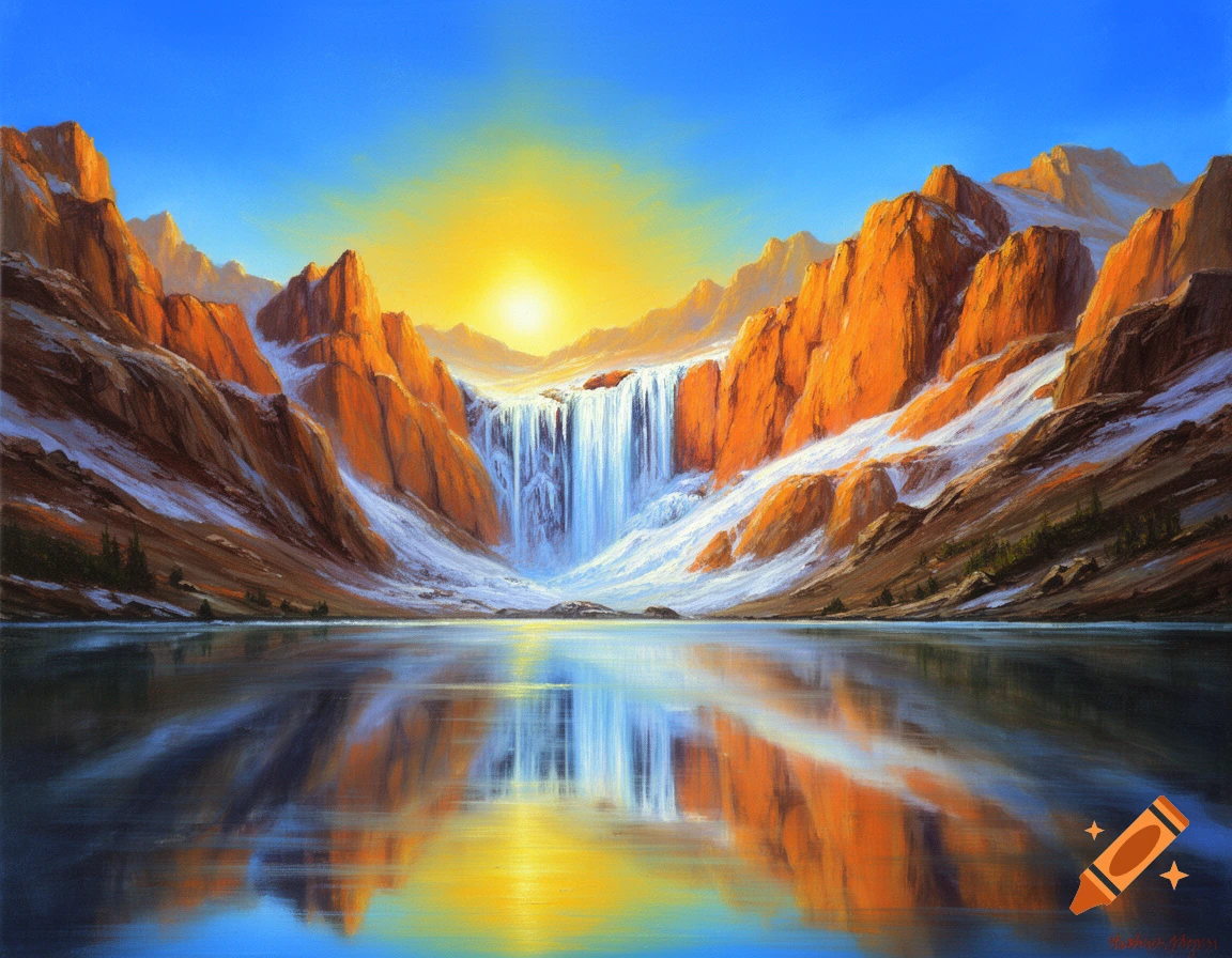 Vibrant painting of an orange mountain landscape with a large waterfall flowing into a reflective lake under a bright yellow sun and blue sky.