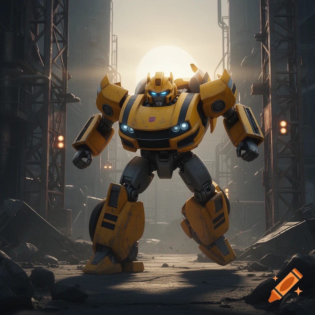 A powerful yellow and grey Bumblebee robot stands heroically in a ruined industrial landscape under a bright sun.