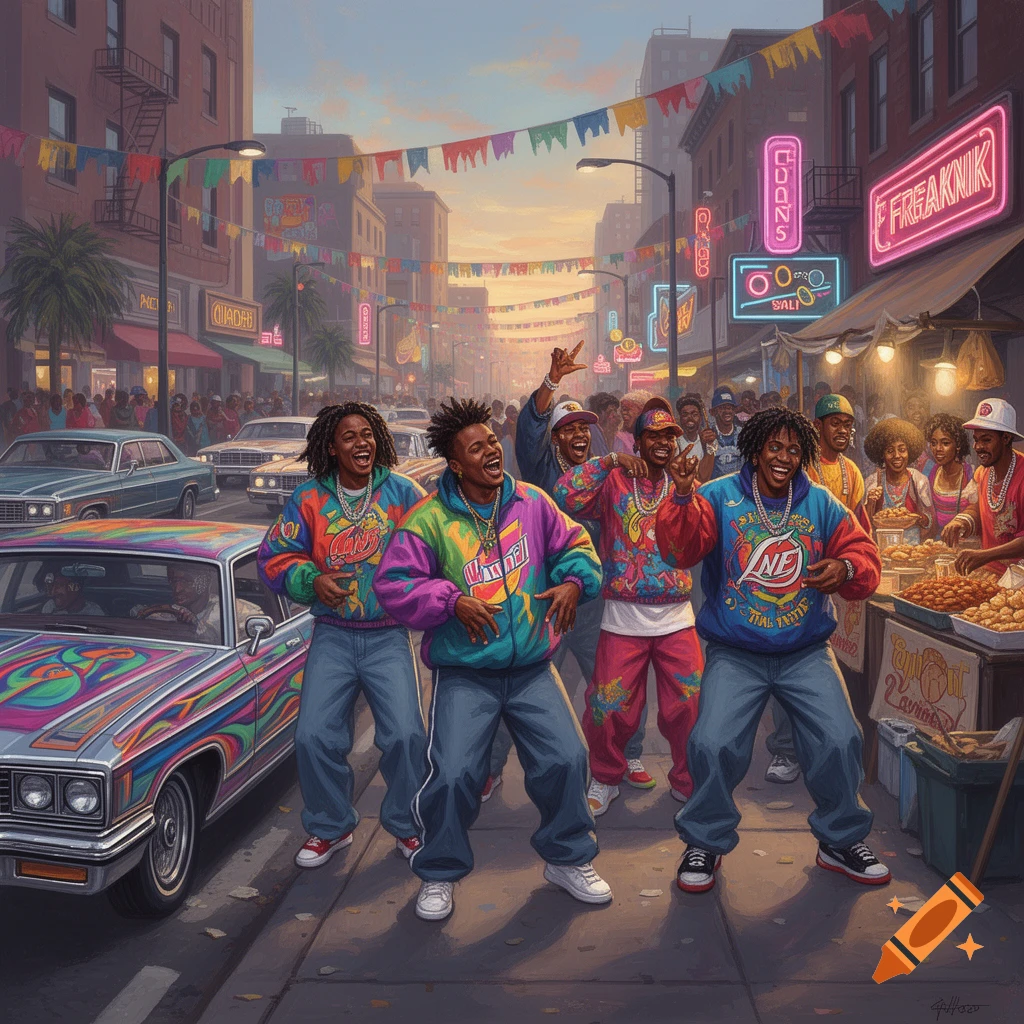 Vibrant street scene showing a lively 90s-style party with people in colorful outfits dancing, classic cars, and neon signs.