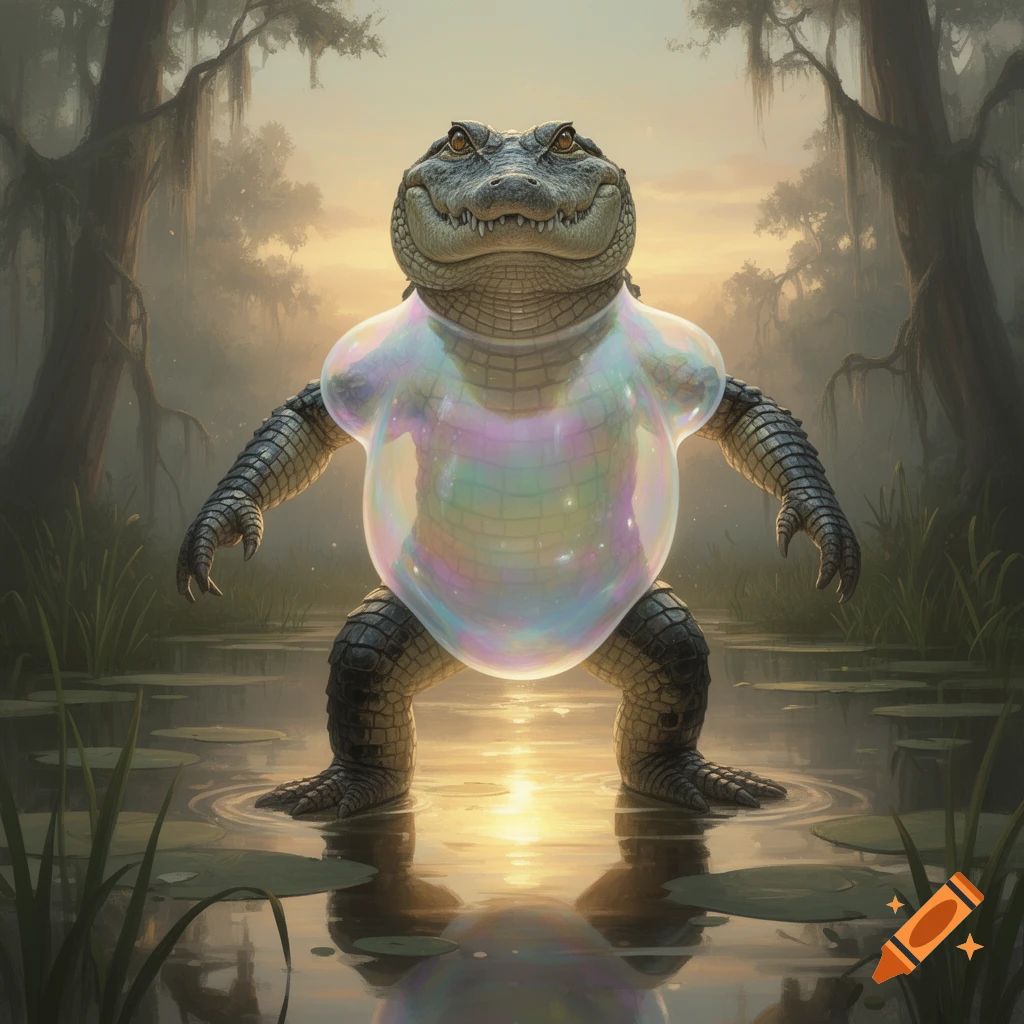 A smiling alligator with a iridescent bubble for a body stands in shallow swamp water with sunlit trees in the background.