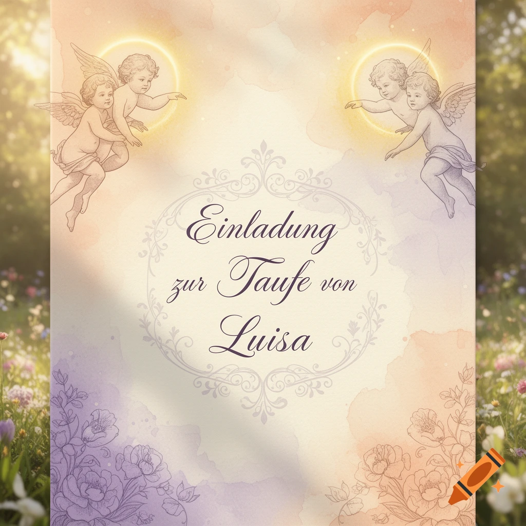 An illustrated baptism invitation with two cherubs, floral borders, and text 'Einladung zur Taufe von Luisa' on a soft, watercolor background.