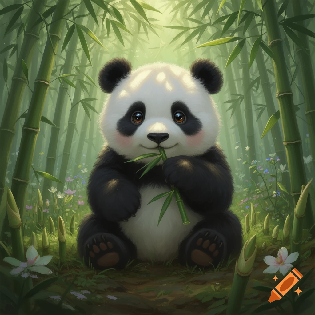 A cute, fluffy baby panda sits in a lush bamboo forest, eating a bamboo stalk.
