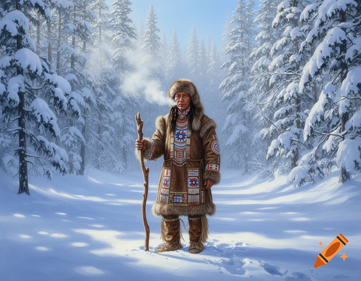 A realistic illustration of an Indigenous man in a fur-lined, decorated coat and hat, holding a staff in a snowy forest.