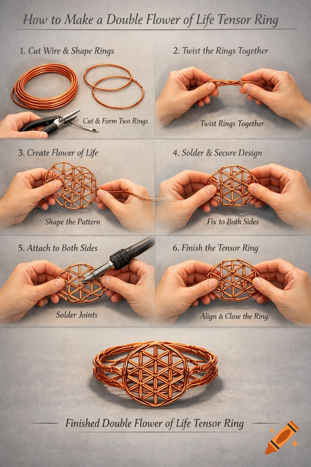 Six-step DIY guide showing hands crafting a double Flower of Life tensor ring from copper wire, with a final close-up of the finished ring.
