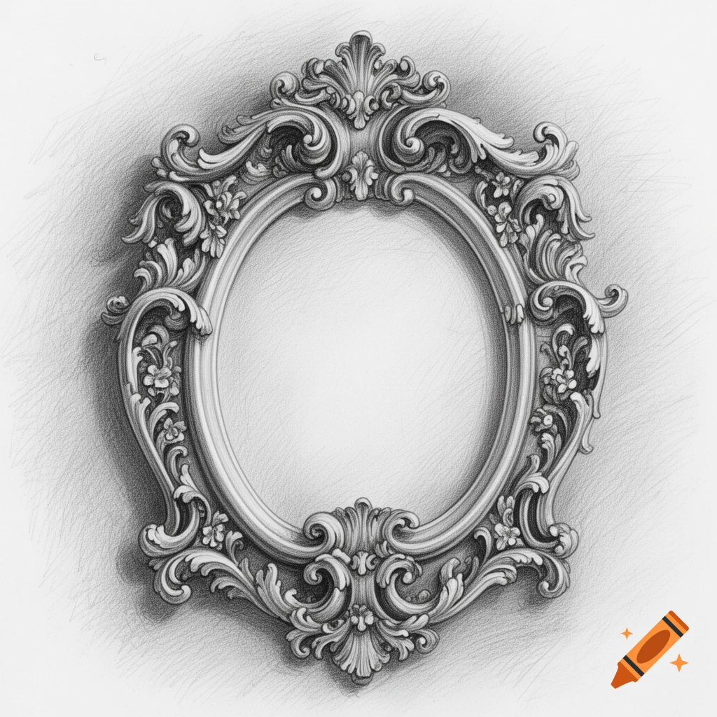 Pencil drawing of an ornate baroque-style oval picture frame with intricate carvings and shading on a white background.