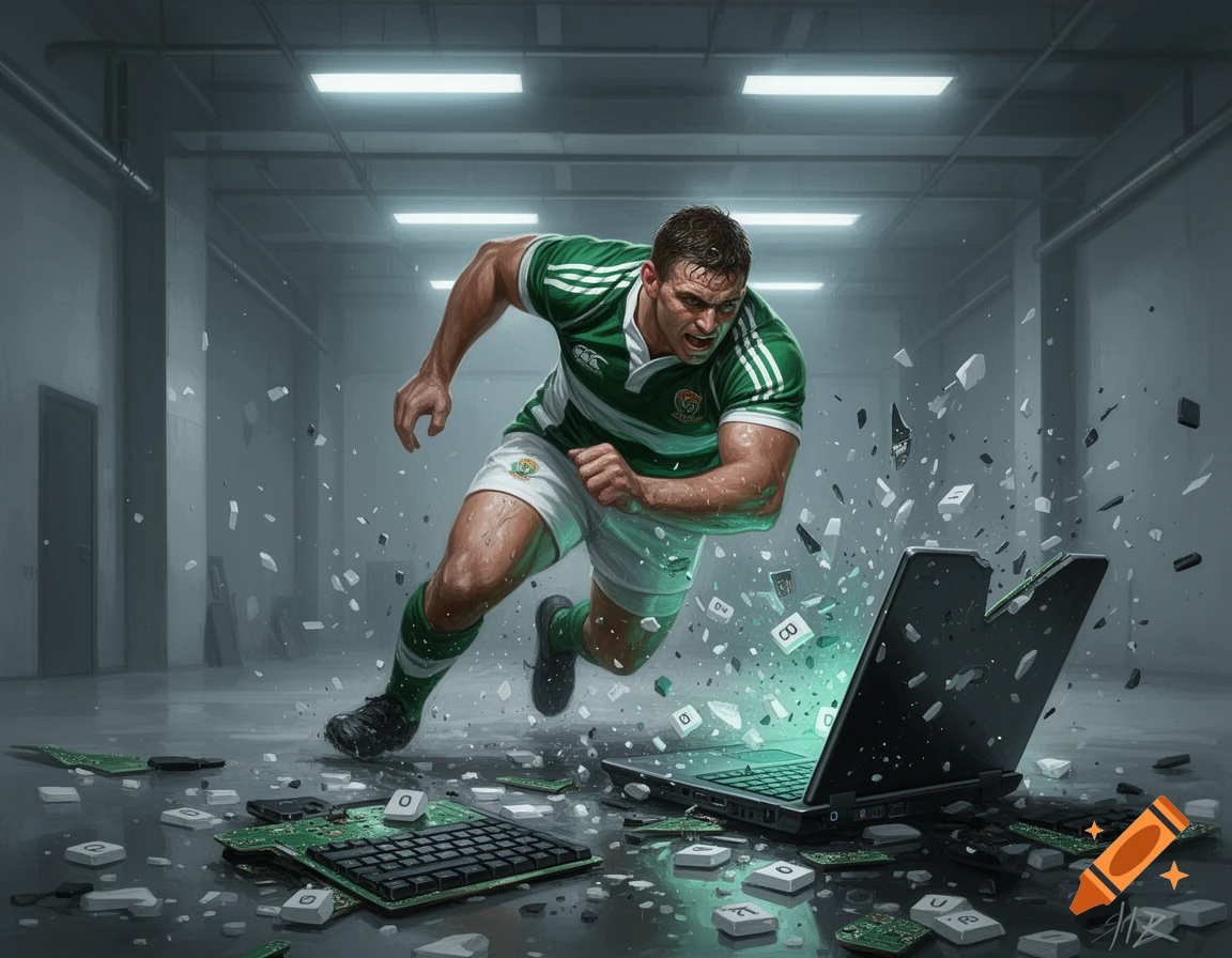 A muscular rugby player in a green and white uniform sprints forward, smashing a laptop into pieces with glowing green energy, surrounded by debris in a stark, industrial room.
