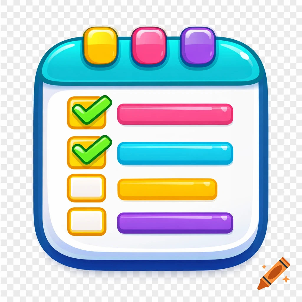 Playful cartoon app icon of a colorful checklist with two green checkmarks on a transparent background.