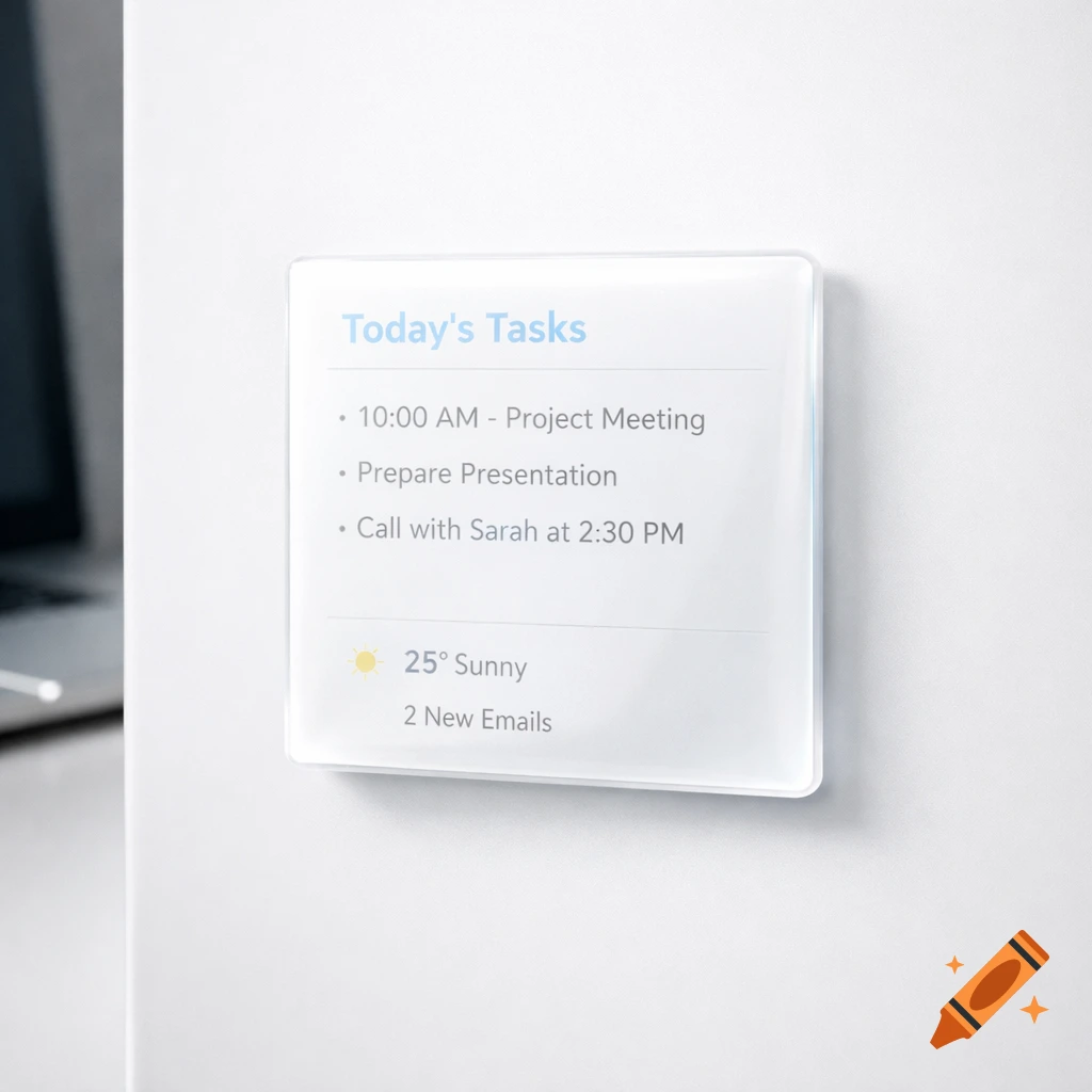 A sleek, translucent digital Post-it note displays a task list, weather, and email count on a white wall in a modern, minimalist style.