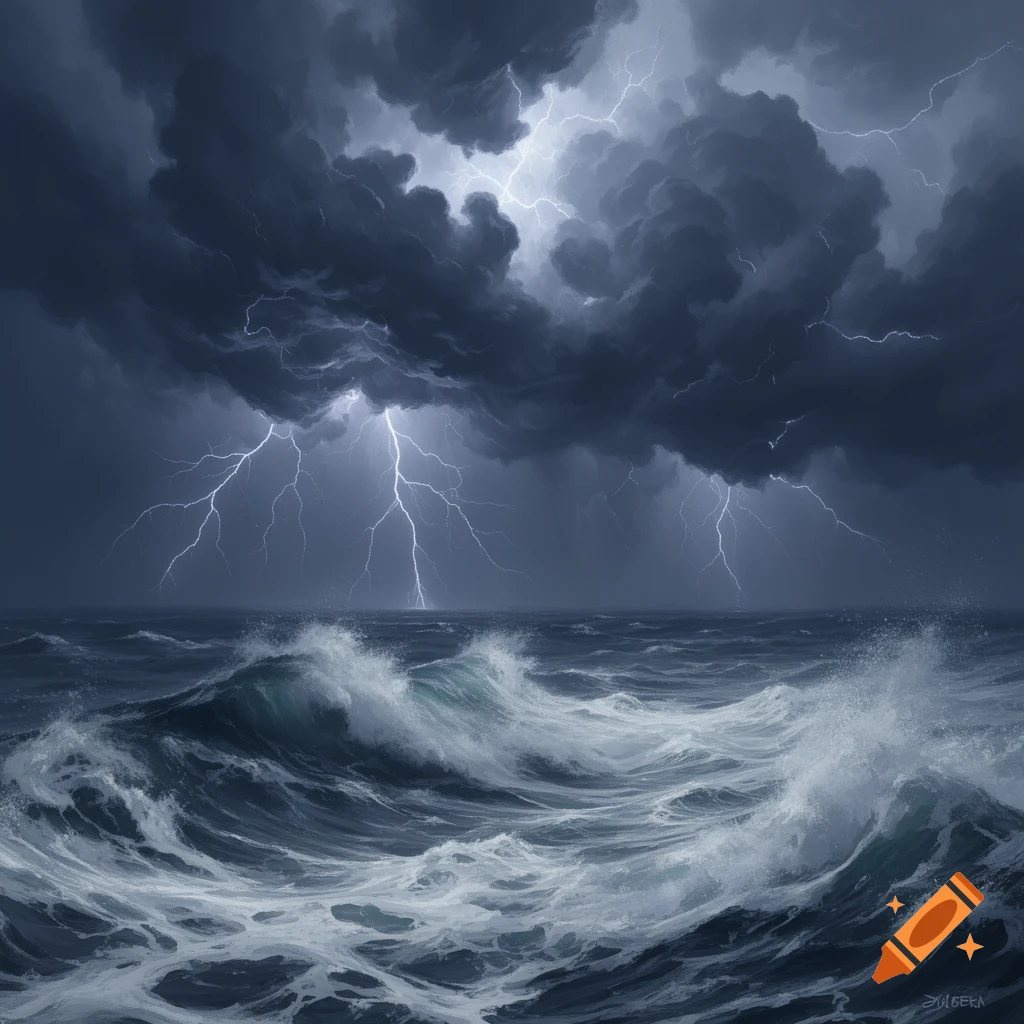 Dramatic photorealistic image of a stormy ocean with large, crashing waves under dark clouds and multiple lightning bolts.