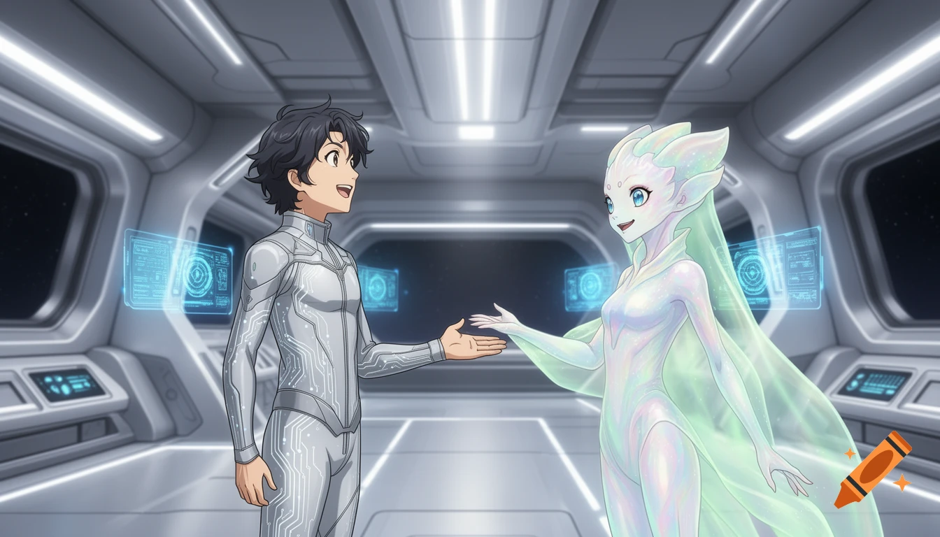 An anime-style human and a luminous alien greet each other in a futuristic spaceship interior.