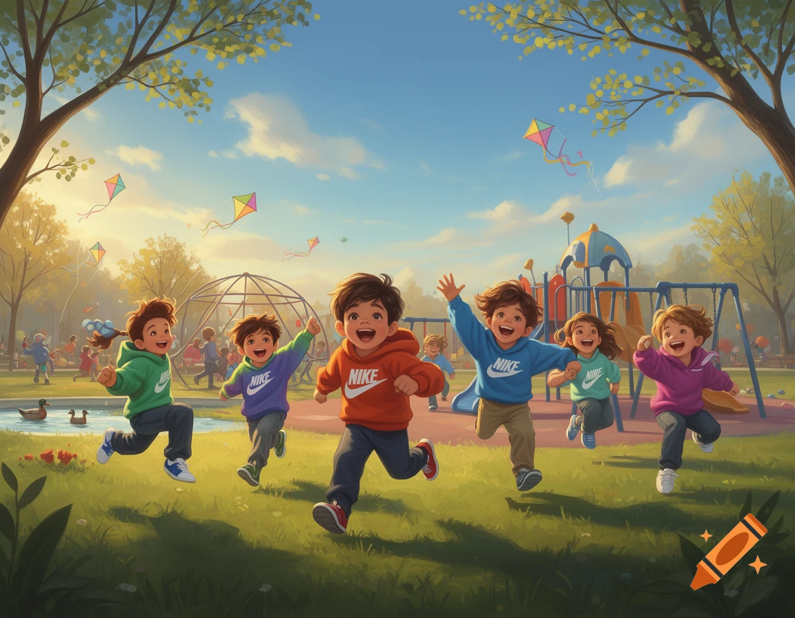 Illustration of happy children in Nike hoodies running and playing in a sunny park with kites flying.