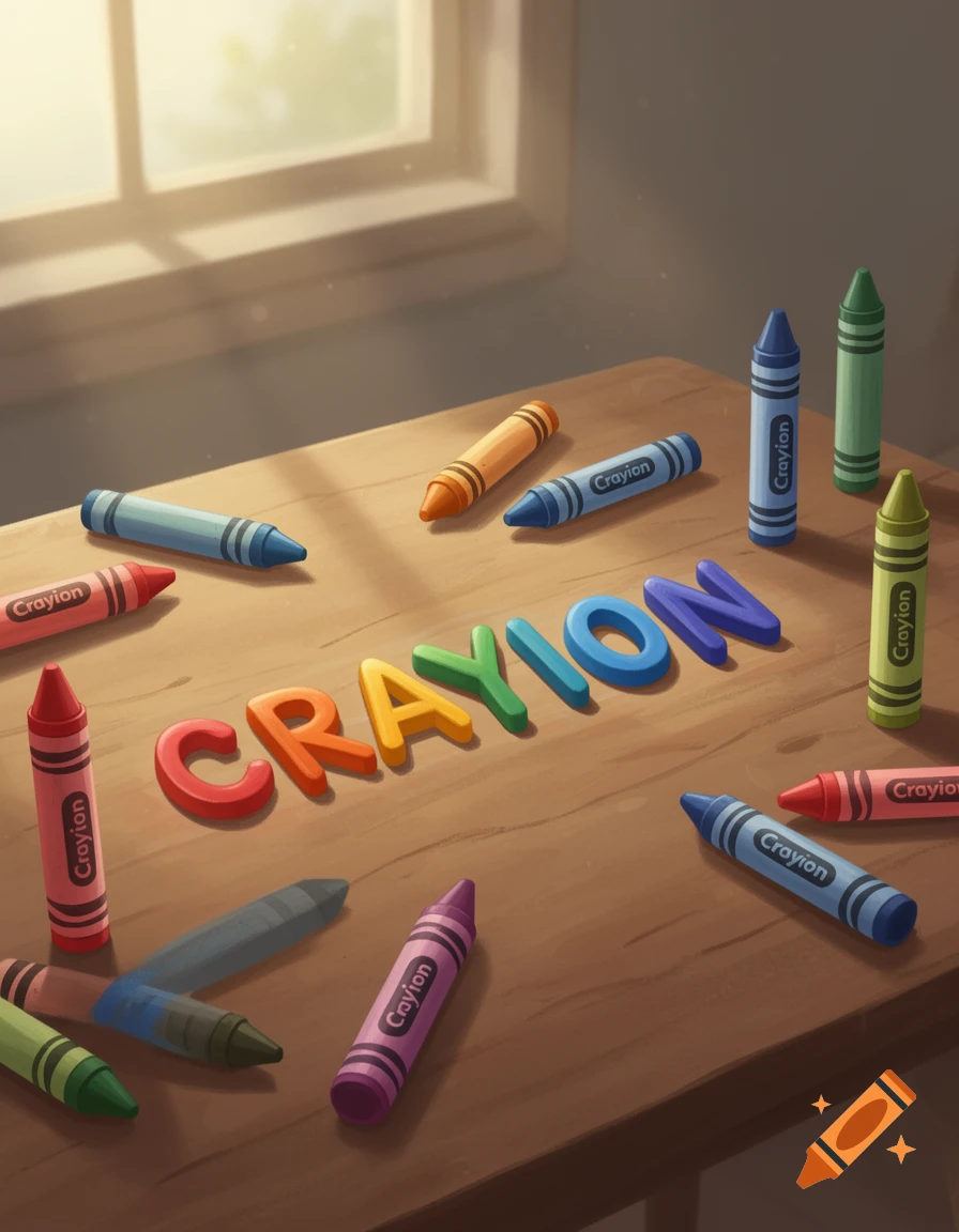 Crayons and letter blocks spelling 'CRAYION' on a wooden table by a sunny window.
