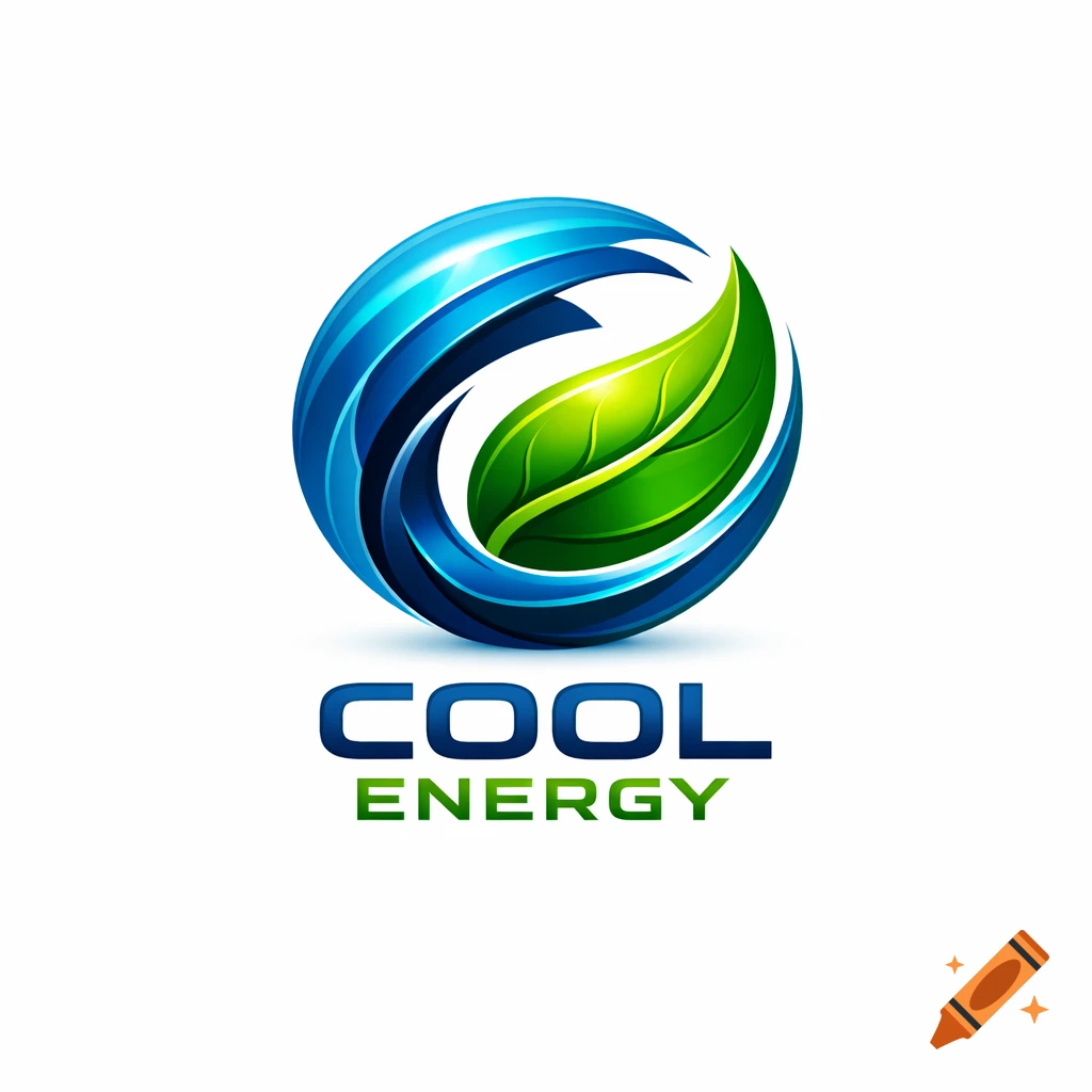A glossy blue and green circular logo featuring a vibrant green leaf, with the words "COOL ENERGY" below.