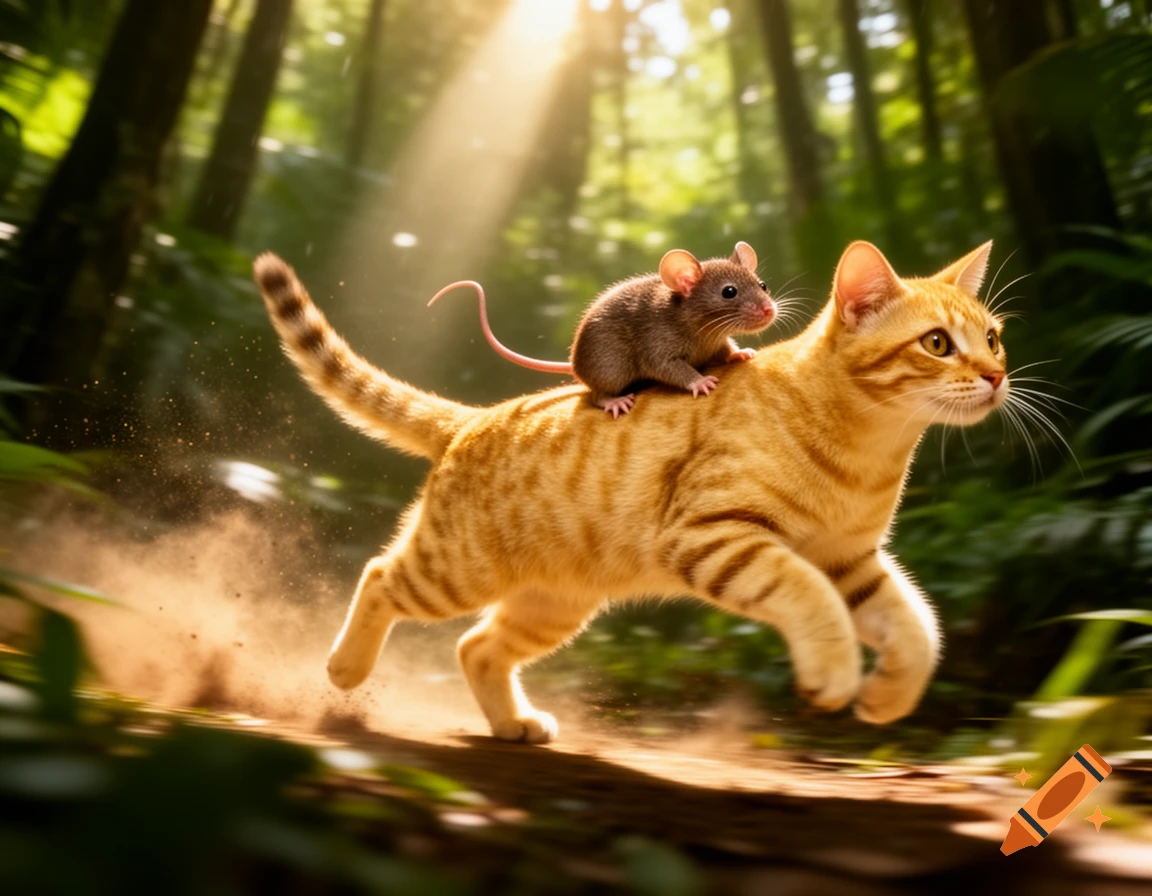 A small brown mouse rides on the back of a golden tabby cat running ...