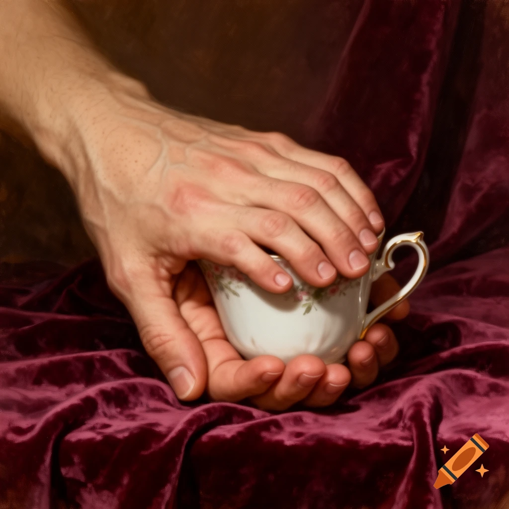 Two hands gently hold a delicate teacup with floral patterns, resting on rich, deep red velvet fabric in a dimly lit setting.