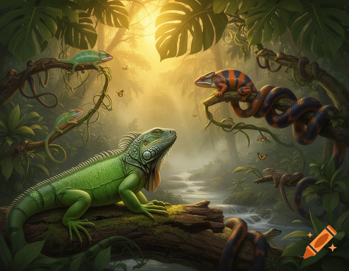 A vibrant jungle scene with a large green iguana, chameleons, and snakes on branches, bathed in golden sunlight.